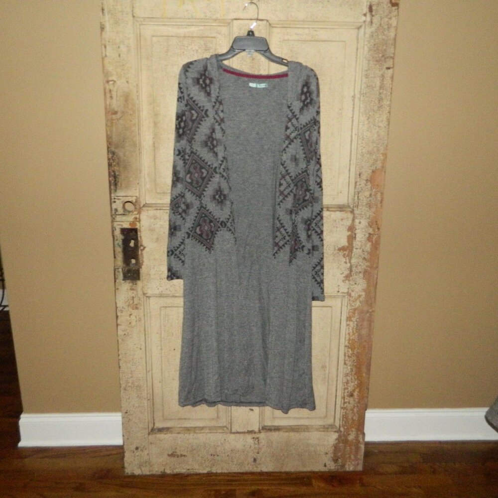 Maurices Gray Maroon Open Front Hooded Light Weight Cardigan Size L  (B-4)